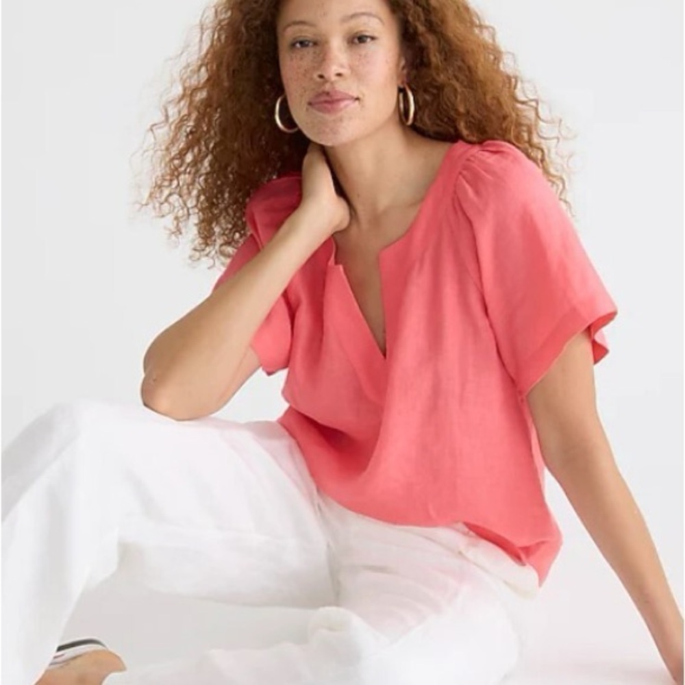 J. Crew Women’s Coral Notch-Neck Short Sleeve Linen Top XS